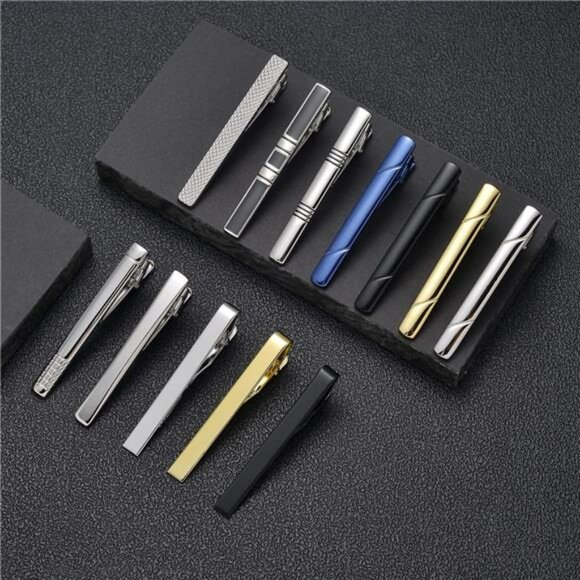 Mens Tie Clip Set 12 Pack Silver Gold Black Blue Necktie Bar for Suit Tie - Picture 4 of 8